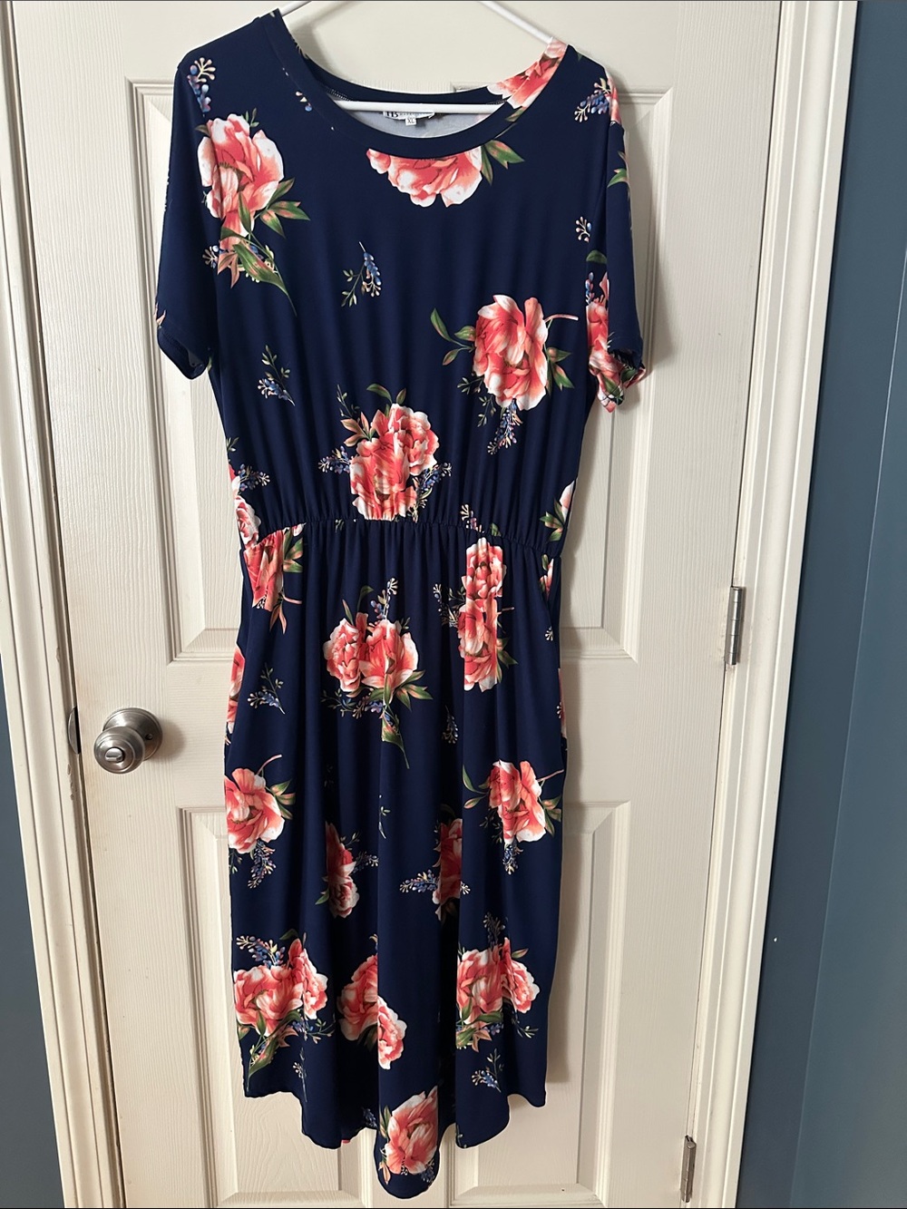 Navy Floral Midi Dress with Pink Rose Print